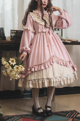 Robe Lolita Princesse Douce Quotidienne à Manches Longues Roses avec Volants et Nœud Papillon